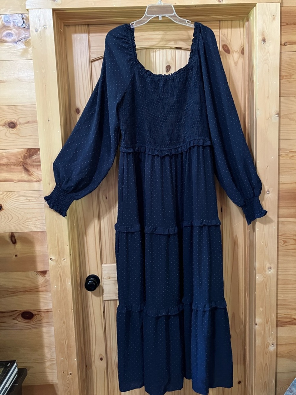 Smocked Navy Long-Sleeve Tiered Maxi Dress